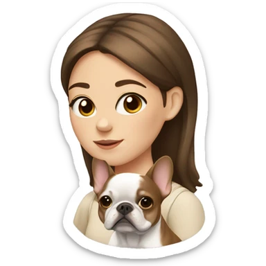 girl with brown hair and a beige French bulldog dog sticker