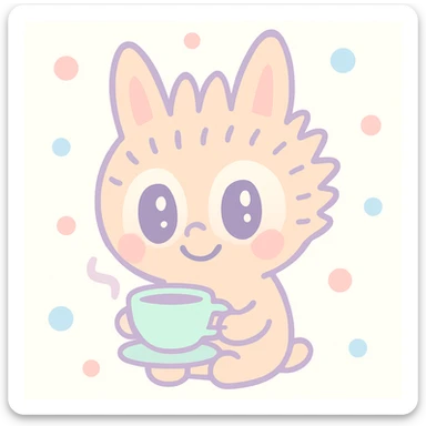 Labubu holding a teacup, steam rising, relaxed expression, cozy and cute style sticker