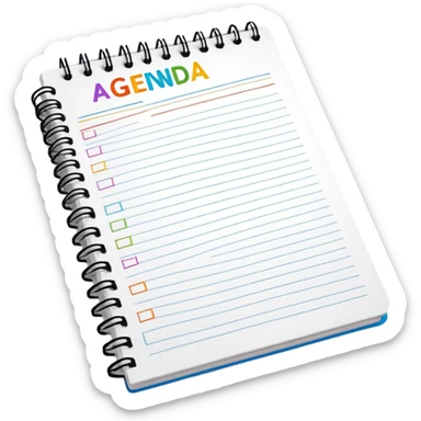 A colorful spiral notebook with 'AGENDA' at the top and bullet point items below it sticker