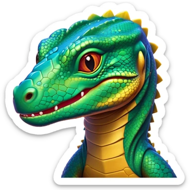 Cinematic Cute Komodo Dragon Lizard Portrait Emoji, Head tilted playfully and inquisitively, with a sleek, scaled form accented by vibrant hues and curious, sparkling eyes, Simplified yet irresistibly adorable features, highly detailed, glowing with a warm, lively glow, high shine, affectionate and spirited, stylized with a touch of exotic charm, bright and endearing, soft glowing outline, capturing the essence of a mischievous yet captivating lizard that seems poised to scurry out of the screen into your heart! sticker
