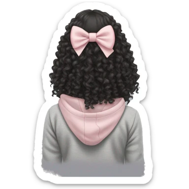 back profile of a black girl with long curly hair with a light pink bow in the back of her hair in a light grey heather hoodie sticker