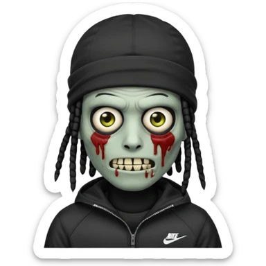 a zombie emoji with black dreads and a black nike jacket and black nike ski mask on his head sticker