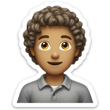 young man with brown curls wearing a gray polo shirt sticker