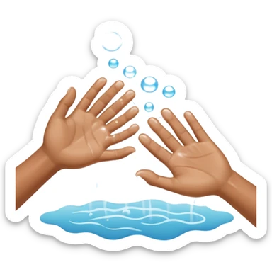 Minimal, flat-design icon of two human hands being washed under flowing water with soap bubbles, no text, high contrast, universally recognisable, plain white background sticker