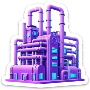 AI-powered factory. It should be a building with pipes. Add violet neon glowing symbolizing power of AI sticker