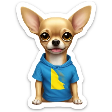 a small chihuahua in a huge t-shirt in the colors of the Ukrainian flag pressed its ears and shook with fear sticker