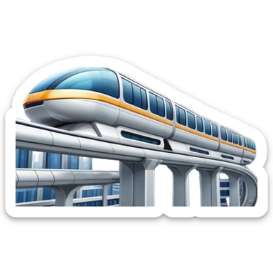 Futuristic monorail train curving above a cityscape with tall buildings sticker