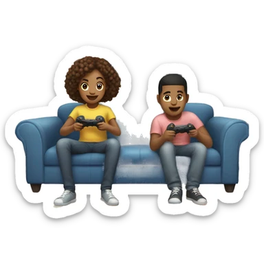 Bi racial Brother and sister playing a video game in front of tv  sticker