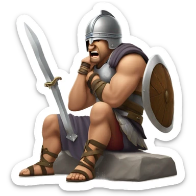 Bored Gladiator: A gladiator with a helmet and sword resting on the ground, yawning and looking disinterested, as if waiting for the next fight and tired of waiting. sticker