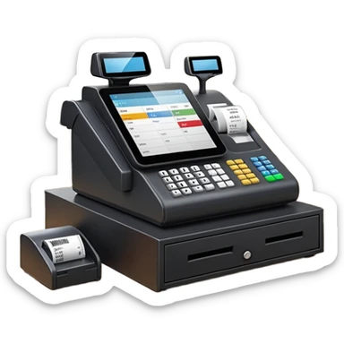 Modern shop cash register on a retail counter, ultra-realistic, 4K, photorealistic POS touchscreen, receipt printing, barcode scanner and card terminal, soft indoor lighting, realistic reflections and shadows, sharp focus, cinematic depth of field, professional photography. sticker