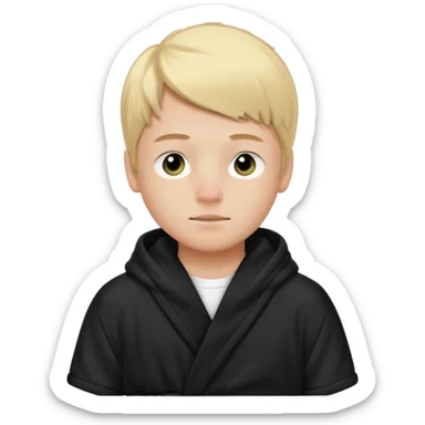 Create a blond boy with long, messy hair, light eyes, a white t-shirt, rich, with long hair, blue eyes, medium-length, voluminous hair, wearing a black Nike bathrobe and a little blush near his nose. and with a balaclava like a ninja sticker