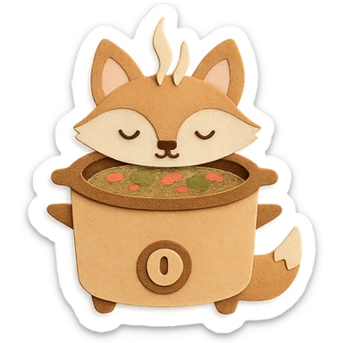 soft beige slow cooker fox, simmering soup, cute sleepy expression, full-body sticker