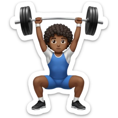A boy with dark skin, curly hair is doing an overhead squat with a lot of weight on the barbell sticker