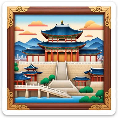 Cinematic Realistic Gyeongbokgung Palace Landmark Emoji, rendered with traditional Korean architecture, ornate wooden carvings, and vibrant colors, set against the backdrop of modern Seoul with soft evening light. sticker