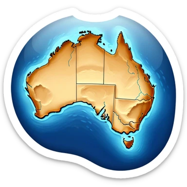 Cinematic-realistic outline of Australia, featuring its distinct landmass with accurately defined coastlines. The deep blue ocean surrounds the golden-brown continent, with subtle topographic shading to highlight its terrain. A soft glowing effect enhances the edges, making the shape stand out against a neutral, textured background. sticker