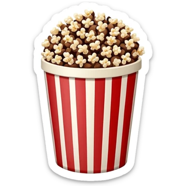 Chocolate popcorn in a paper jar with red and white vertical lineso sticker