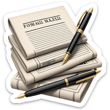 Create an emoji representing journalism and publicistic writing. The design should feature a stack of newspapers, an open notebook, and a single classic fountain pen placed on top of the notebook, symbolizing the act of writing. The scene should convey a sense of professionalism and thoughtful analysis. Use a neutral and professional color palette, with black, white, and muted tones. Do not include any emojis or smiley faces. Make the background transparent. sticker