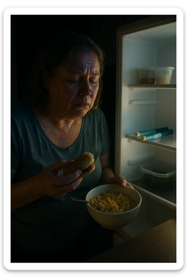 Menopausal woman binge-eating at 2AM after night sweat, fridge light illuminating insulin pens sticker