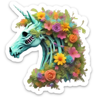 Zombie Pegasus unicorn skeleton psychedelic flowers floral groovy art neon rave raving sticker