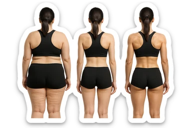 fai una donna di spalle in gym shorts leggermente sovrappeso e con cellulite e accanto una seconda donna di spalle magra (che è dimagrita post dieta) e accanto una terza donna in forma allenata e con le giuste proporzioni, l'immagine deve rappresentare il processo: da donna grassa, a donna piatta e magra, a donna allenata e in forma con i giusti muscoli, iperrealistico 4k sticker