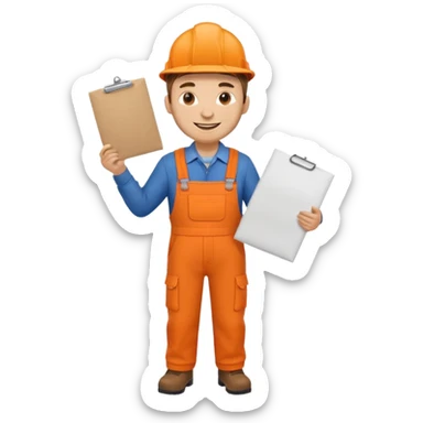 railway engineer full body in orange overalls, carrying a piece of paper in front of him sticker