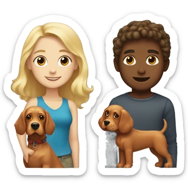 blonde-haired girl and brown-haired boy with a red cocker spaniel sticker