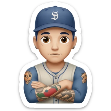 tattooed guy, baseball cap sticker