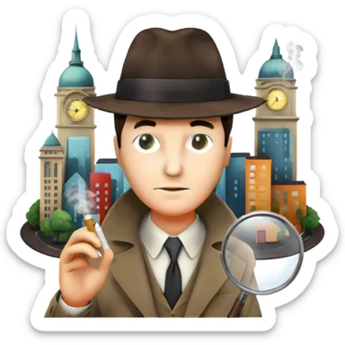 Icon for Detective Movies: A colorful collage featuring iconic detective elements—magnifying glass, a fedora hat, a cigarette, a shadowy figure, and a mysterious city backdrop. Include subtle clues like fingerprints or a crime scene. Retro movie poster style. Transparent background. sticker