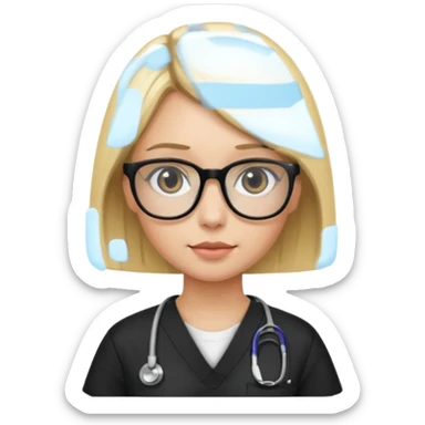 A girl in black scrubs with a blonde bob and glasses sticker