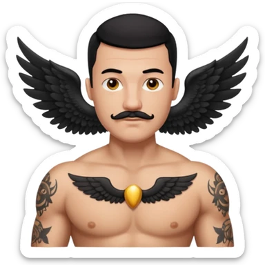 pumped up white male, buzz cut black hair, handlebar mustache black, two wings tattooed on his chest sticker