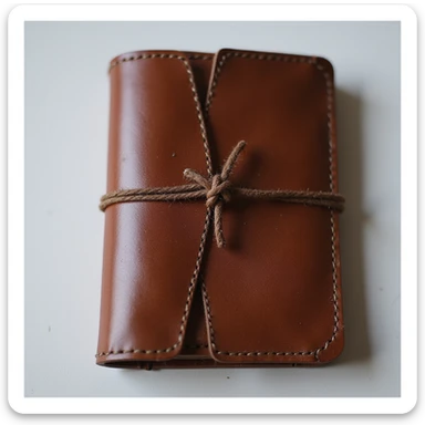 realistic leather journal, rich brown color, visible stitching, closed, elegant and classic sticker