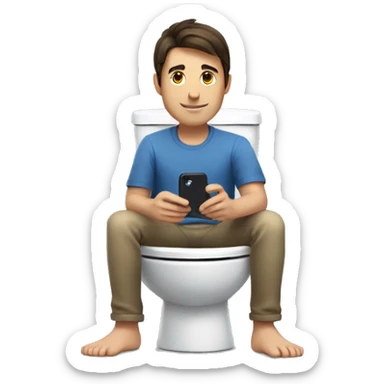 Brunette man sitting on the toilet holding an iPhone with a Pokémon next to him sticker