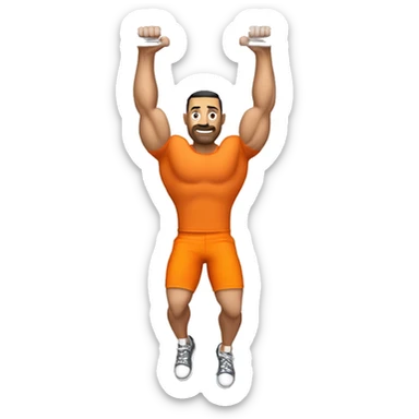 Muscular , bold , Caucasian man in orange t-shirt , black shorts and orange sneakers hanging with only right hand on pull-up bar sticker