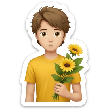 generate an ios genmoji of a 20 year old fair boy with brown long and messy hair with faint stubble. should look like he cant grow a mustache., carrying a flower bouquet, wearing a yellow tshirt, looking shy sticker