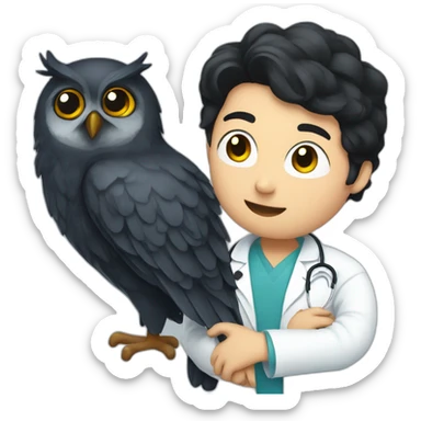 scientist-with-black-hair-hugging-an-owl-in-hospital sticker
