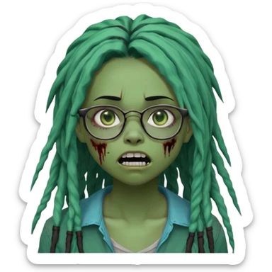 One teen female green-skinned, zombie super pretty with glasses, with ombre black roots & teal tips long dreadlocks and a side bang of her locs that fall over the right eye and a worried expression like with the mouth open, teeth showing, and the jaw uneven. with a small wound near its mouth. sticker