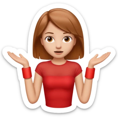 A girl with light brown hair in a red tube top shrugging sticker
