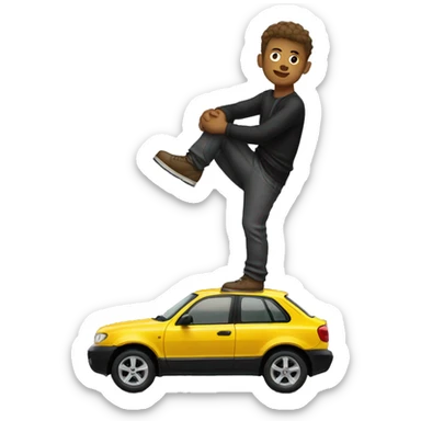 A man who has climbed onto and is sitting on a black coupe sticker