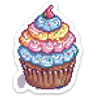 pixel art cupcake with pink icing, rainbow sprinkles sticker