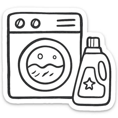 washing machine with detergent, hand drawn black outline icon, no fill sticker