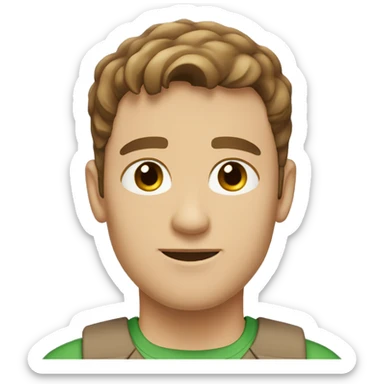 white, brown sort of tan guy, brown short ish hair which is sort of thin, green brown eyes, blue shirt with black vest  sticker