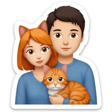 man and woman with dark hair, orange cat on man's shoulder sticker