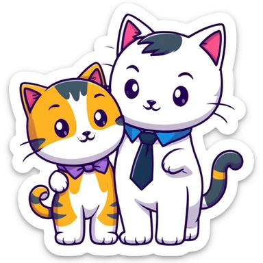 happy girl cat with eyelashes wearing a colorful necktie and happy boy cat wearing a professional necktie standing together and holding paws, both with loving expressions sticker