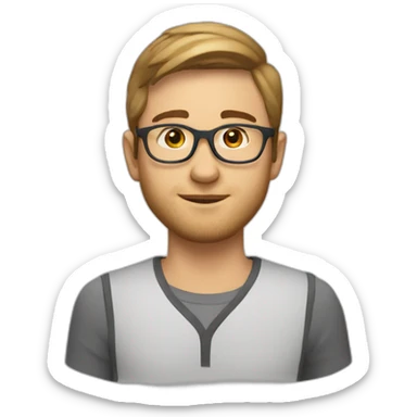 young white man with short brown straight hair and small beard with rounded gold glasses sticker