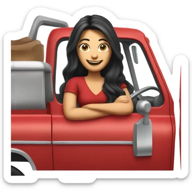 Life-like red pick up truck smiling lady with long black hair driving  sticker