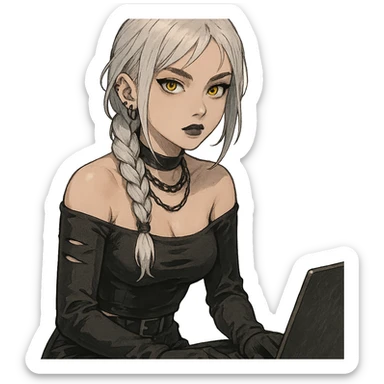  she is wearing armor, maximum power , except instead she's giving a victory salute, [[[except it's a black cat typing at a laptop]]], a closeup portrait of young woman with gold yellow eyes, white hair, long braid, black off-shoulder top d-cup, punk gothic style, futuristic cyberwave cyberpunk, sitting position
 sticker