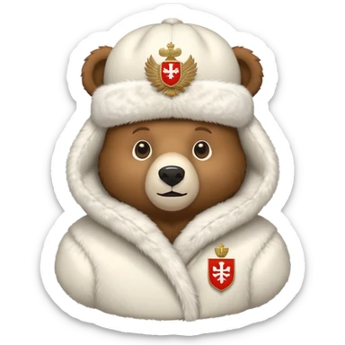 Cute brown bear in white fur ushanka hat with centered Russian coat of arms, front view, iOS emoji style sticker