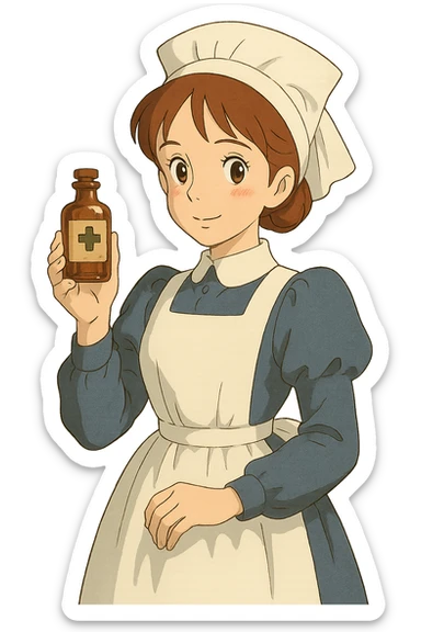 victorian nurse holding a medicine bottle sticker