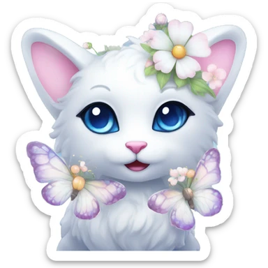 Edgy Cute Cool Kawaii gorgeous sparkly ethereal white fantasy animal with blue eyes sona with flowers and butterflies sticker