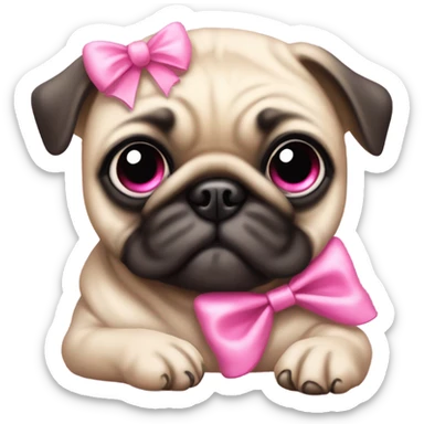 Baby pug with big pink
eyes lying down with a pink bow above 1 ear sticker